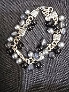 Retired Brighton Mimosa Gray Black Silver Beaded Bracelet CATS EYE